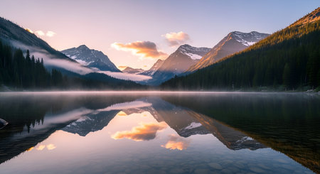 Sunrise over Bow Lake in Banff National Park, Alberta, Canada. AI Generated.の素材
