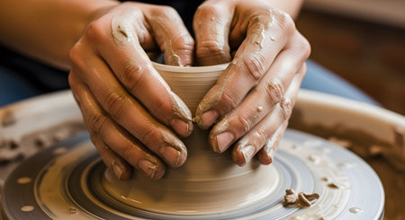 hands of a potter, creating an earthen jar on the circle. AI Generated.の素材
