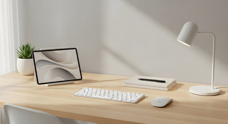 Modern workspace with computer, keyboard, and mouse. 3d rendering. AI Generated.の素材