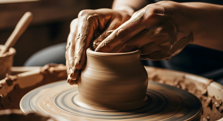 Hands of a potter, creating an earthen jar on the circle. AI Generated.の素材