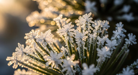 Hoarfrost on pine needles in the rays of the setting sunの素材