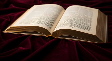 Open book on a red velvet background. Shallow depth of field.の素材