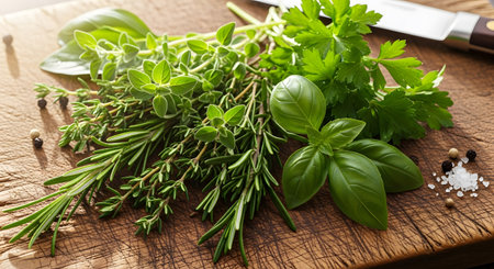 Fresh herbs on a wooden cutting board with a knife and pestoの素材