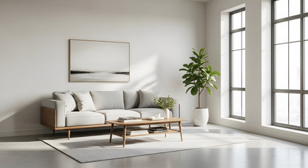 Interior of modern living room with white walls, concrete floor, white sofa and wooden coffee table. Vertical mock up poster frame. 3d renderingの素材