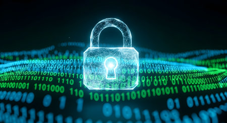 Cyber security concept. 3D illustration of binary code with closed padlock on dark backgroundの素材