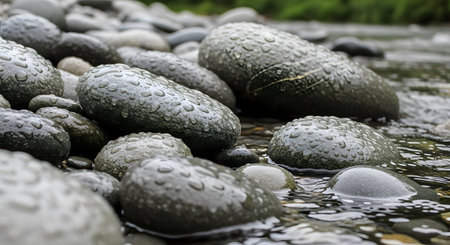 Water droplets on pebbles in a river, close upの素材