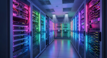 Server room data center. Backup, mining, hosting, mainframe and computer rack with storage information. 3d renderの素材