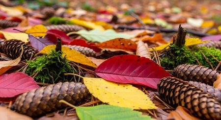 Autumn leaves and cones on the ground in the forest. Autumn backgroundの素材