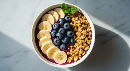 Healthy breakfast bowl with blueberry, banana and granola.の素材