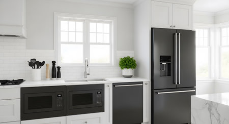 3d Illustration of black and white modern kitchen in a house with a beautiful designの素材