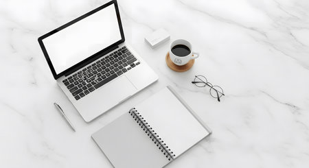 Laptop, notebook, coffee cup and glasses on white marble background. 3d rendering.の素材