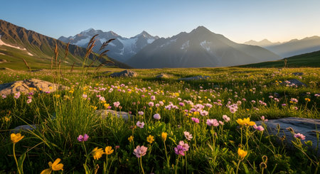 Alpine meadow with blooming wildflowers and mountains in backgroundの素材