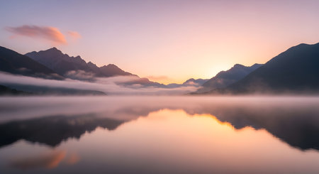 Foggy morning at the mountain lake. Landscape with mountains and cloudsの素材