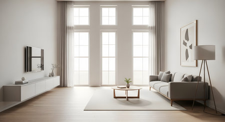 Interior of modern living room with white walls, wooden floor, comfortable gray sofa and coffee table. 3d renderingの素材