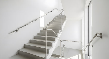 Modern white house interior with stairs. 3d render illustration mock upの素材