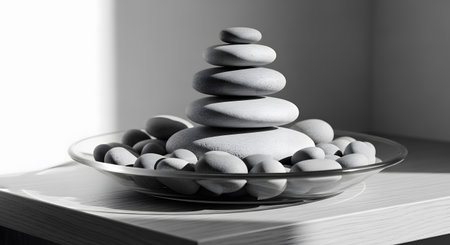 Stack of zen stones in a glass plate on a white backgroundの素材