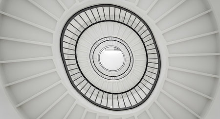 3d illustration of spiral stairway in modern building with white wallsの素材