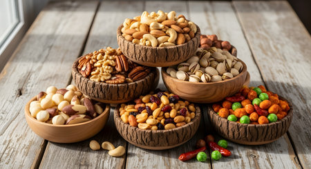 Mix of nuts in wooden bowls on wooden background. Healthy food concept.の素材