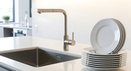 Close up of a modern kitchen with stainless steel faucet and sinkの素材