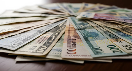 Money background. Dollar, euro, pound, ruble banknotes.の素材