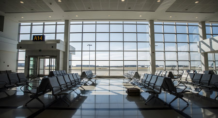 interior of the airport with chairs and window in the background.の素材