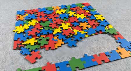 3d illustration of jigsaw puzzle over grey background with space for textの素材