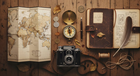Vintage travel concept with old map, compass, camera and accessories on a wooden backgroundの素材