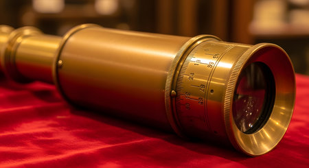 Vintage camera lens on a red velvet background, close-upの素材