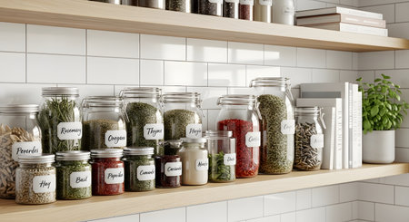 Glass jars with spices and herbs on the shelf in the kitchen. 3d rendering.の素材