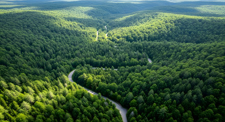 Aerial view of a winding road through the green forest in springの素材