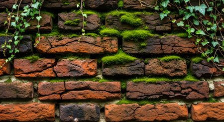 Old brick wall covered with green moss. Old brick wall texture backgroundの素材