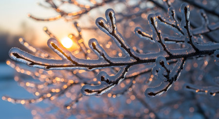 Frosty branches of a tree in the rays of the setting sunの素材