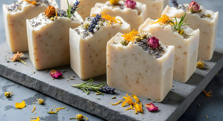 Natural handmade soap bars with lavender, rosemary and dried flowersの素材