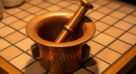 Mortar and pestle on a chessboard, close upの素材