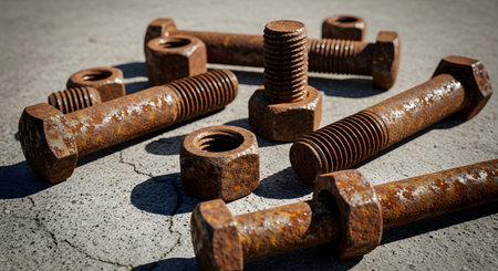 Rusty bolts and nuts on concrete background. Shallow depth of fieldの素材