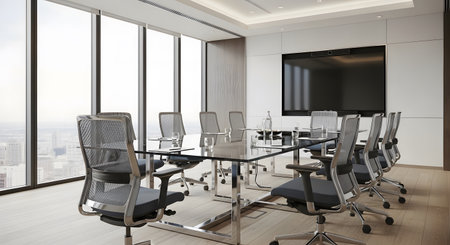 Modern meeting room interior with panoramic city view. 3D Renderingの素材