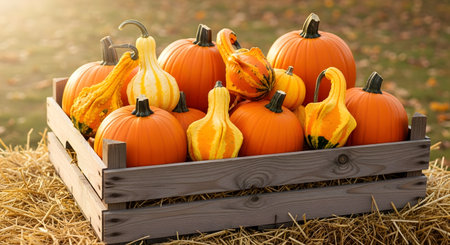Pumpkins in a wooden box on a haystack in the fallの素材