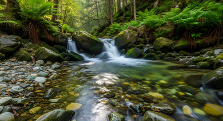 Long exposure of a stream flowing through a forest with mossy rocksの素材