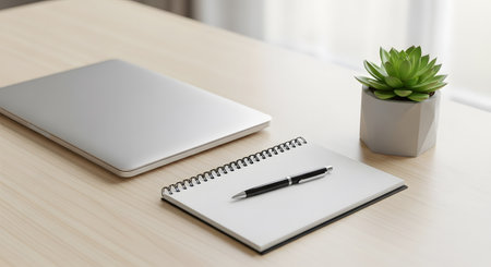 Laptop, notebook and plant on a wooden table in office.の素材