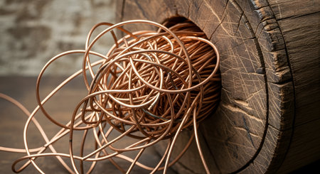 Copper wire on a wooden background. Selective focus. Toned.の素材