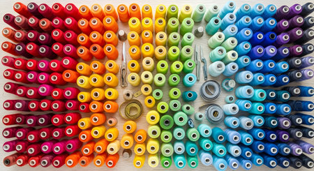 Colorful thread spools of different colors on a white background.の素材