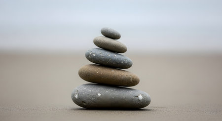 Pyramid of pebbles on the sand. Zen concept.の素材