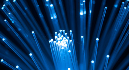 optical fibres dinamic flying from the deep on technology backgroundの素材