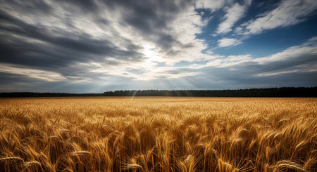 Sunset over a field of golden wheat with clouds in the skyの素材