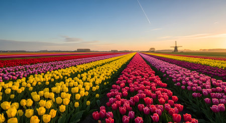 Tulips in an agricultural field at sunrise in spring, Netherlandsの素材