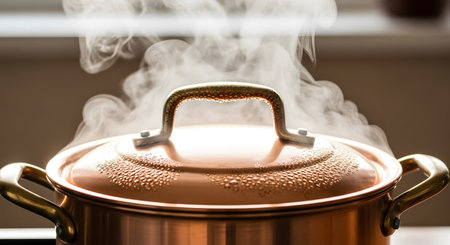 A closeup shot of a copper cooking pot with steam coming outの素材