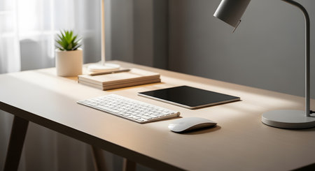 Close up of office desk with laptop, tablet, coffee cup and other itemsの素材