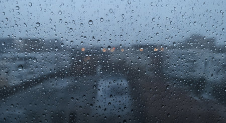 Rain drops on the window. Blurred view of the city.の素材