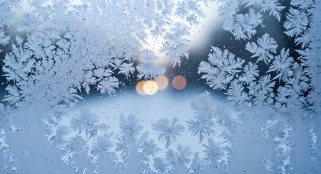 Frosty natural pattern on winter window glass. Abstract winter backgroundの素材