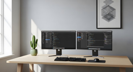 Computer screen with web programming code on table in office. 3d renderingの素材